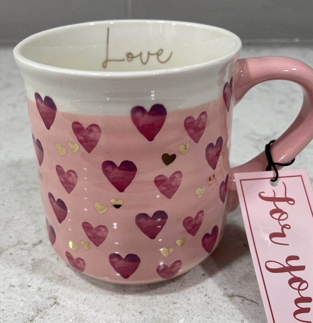 “LOVE” inside Gold & Pink Hearts 18oz Mug Sheffield Valentines Day Stoneware